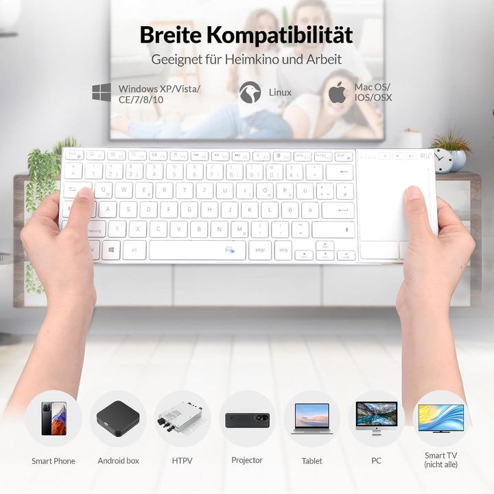 Rii Kabellose Tastatur mit Touchpad, Zwei Verbindungsmodi, Wireless Keyboard, Tastatur Kabellos Klei