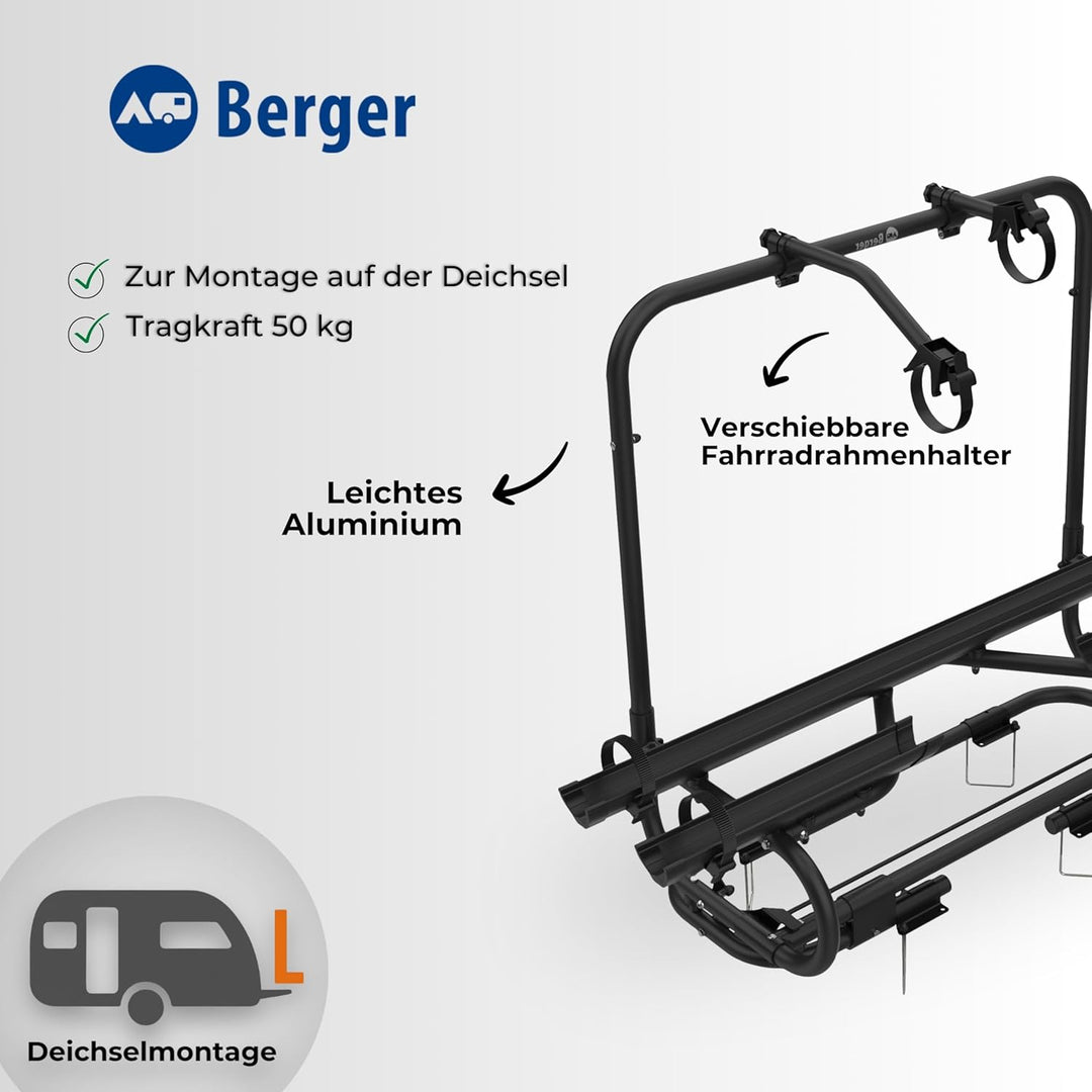 BERGER Fahrradträger Deichsel Wohnwagen | Premium 2XL Deichsel Fahrradträger für 2 Fahrräder bis 50k