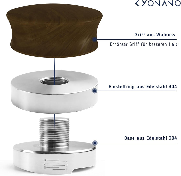 KYONANO Distributor 53.3mm höhenverstellbar, Kaffeepulver-Verteiler aus Premium Edelstahl & Walnussb