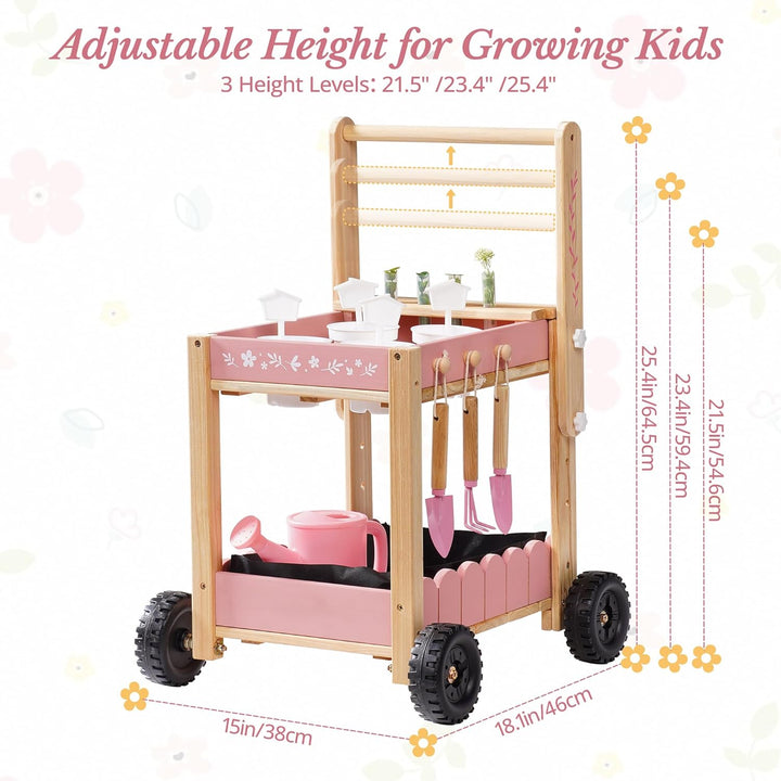 ROBOTIME Holz Gartenwagen für Kinder, Outdoor Garten-Trolley mit 4 Pflanzbechern & 4 Hydroponik-Reag