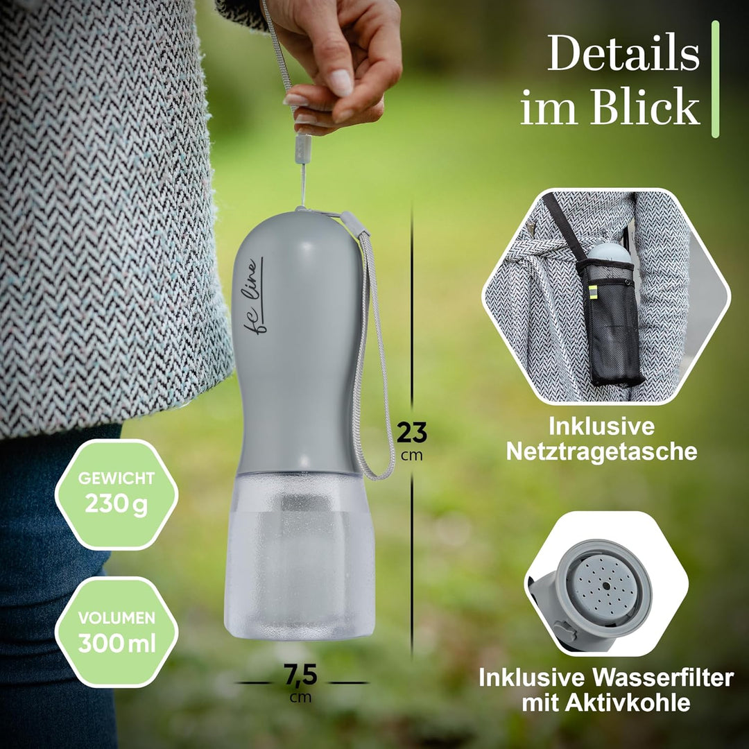 Hundetrinkflasche 300ml – 3-in-1 Trinkflasche mit Napf & Rücklauffunktion – 100% auslaufsicher, BPA-