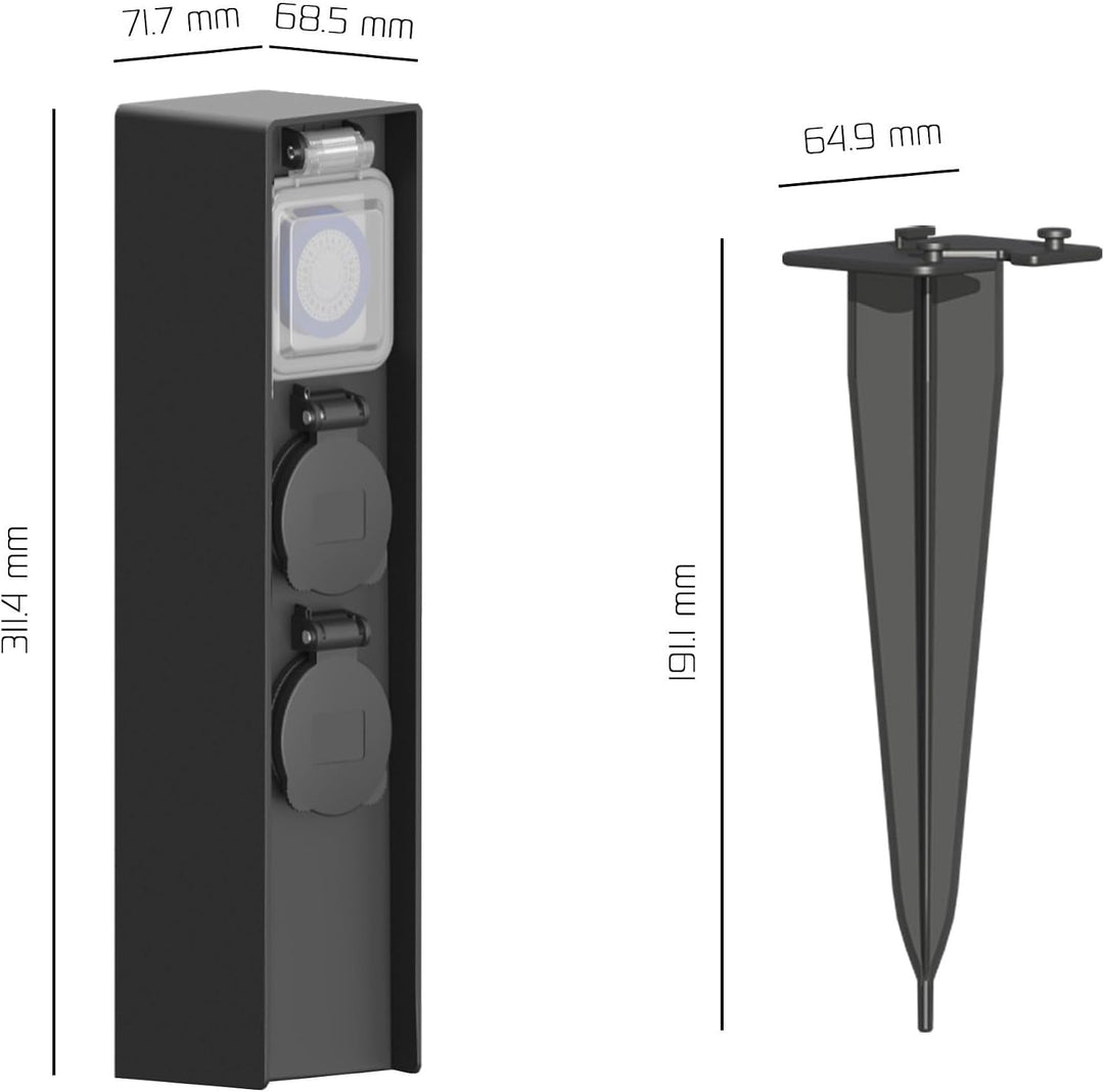 Ledvion - Aussensteckdose mit Pfahl, Inkl. Timer, 2 Steckdosen, Wasserdicht IP44, 3 Jahre Garantie
