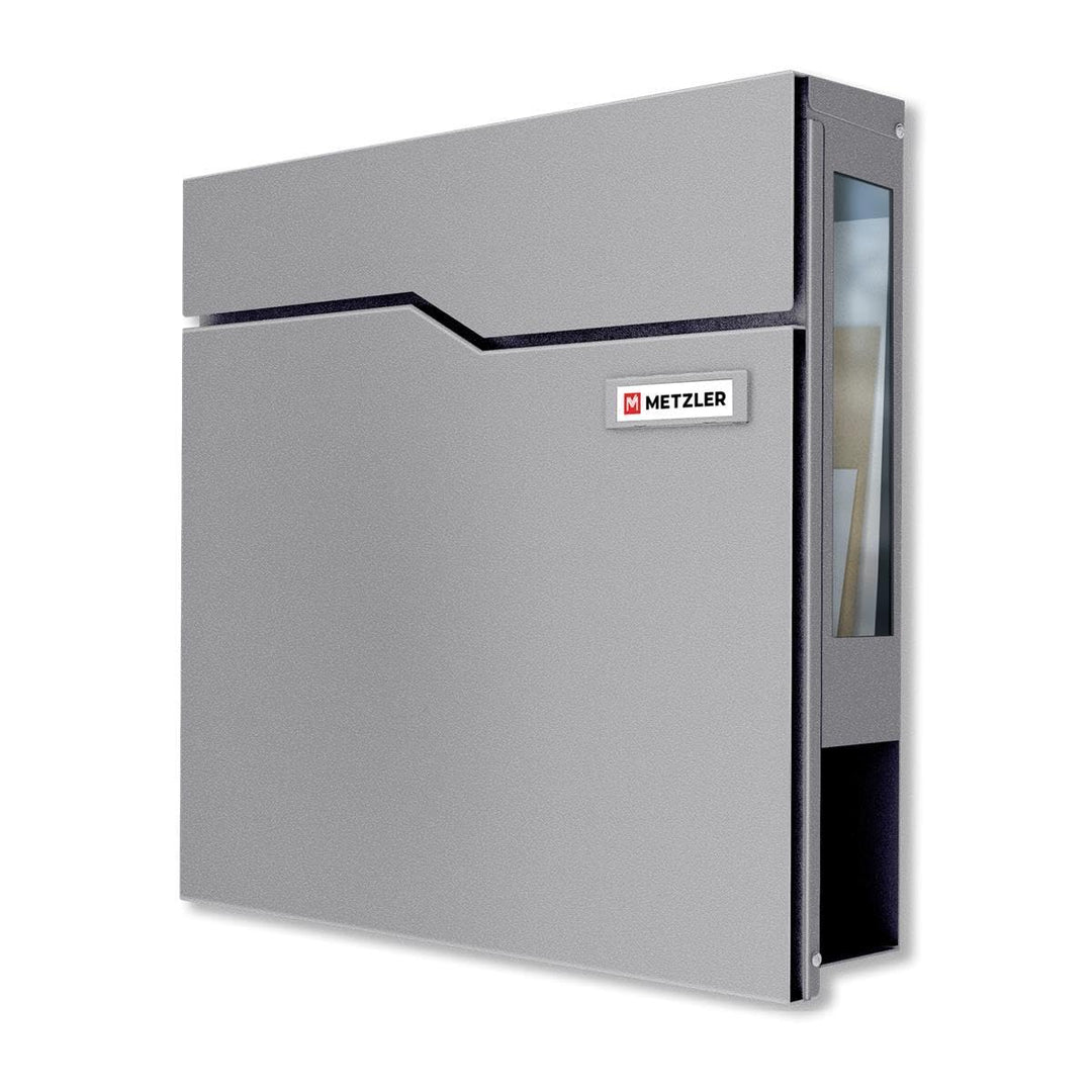 Metzler Briefkasten in Graualuminium mit Zeitungsfach & Sichtfenster – Wandbriefkasten Grau mit aust