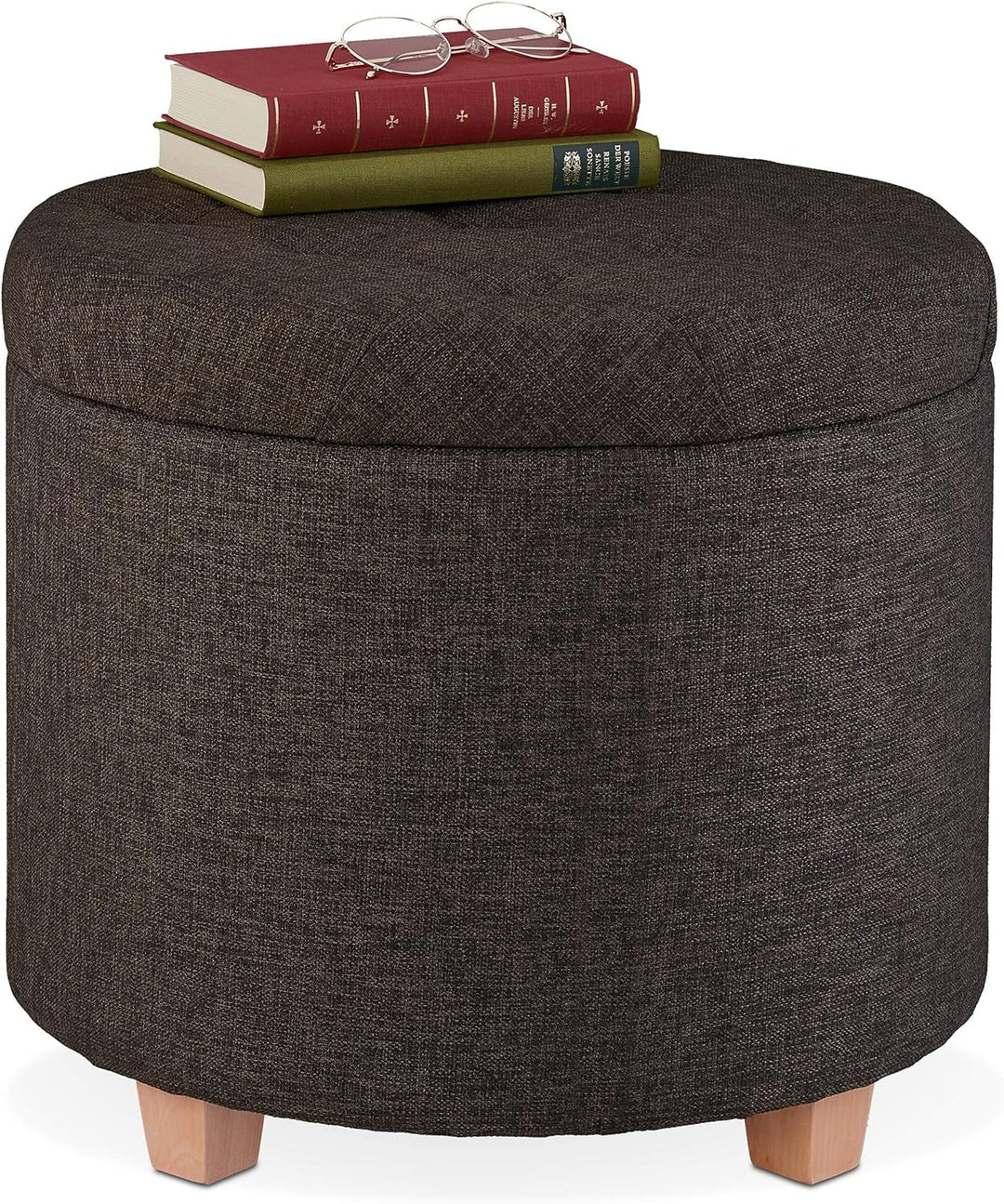 Relaxdays Sitzhocker mit Stauraum, gepolsterter Hocker rund, für Wohnzimmer, Leinen-Optik, H x D: 41