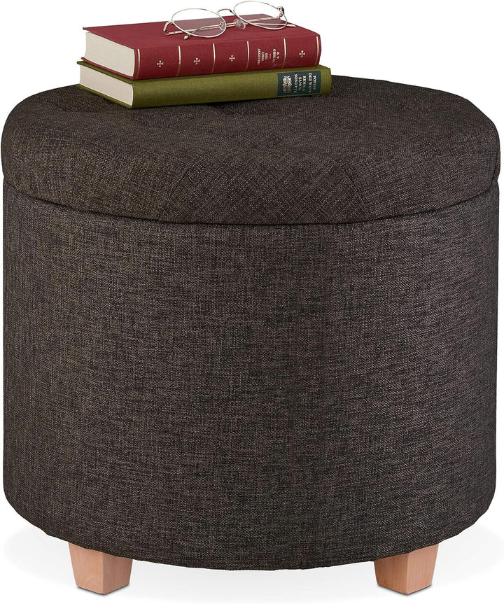 Relaxdays Sitzhocker mit Stauraum, gepolsterter Hocker rund, für Wohnzimmer, Leinen-Optik, H x D: 41