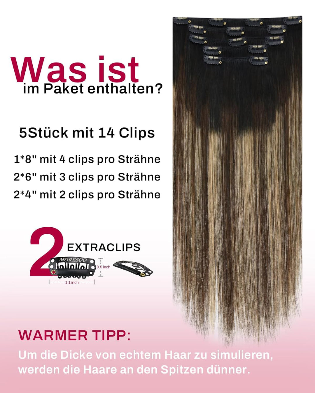 Moresoo Clip in Extensions Echthaar Schwarz Remy Haarverlängerung Echthaar Clip Schwarz Balayage Haa