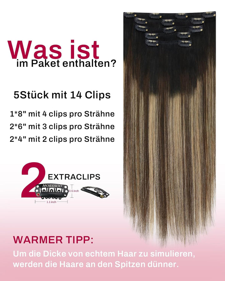 Moresoo Clip in Extensions Echthaar Schwarz Remy Haarverlängerung Echthaar Clip Schwarz Balayage Haa