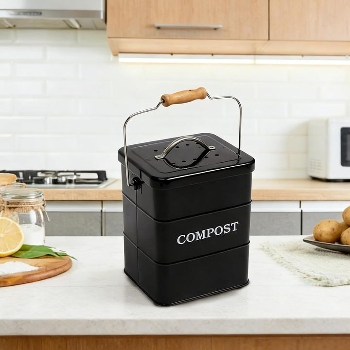 Komposteimer Küche 6 L Metall Schwarz mit Aktivkohlefilter Deckel