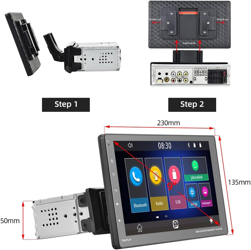 Podofo Single Din Autoradio Kompatibel mit Apple Carplay Android Auto, 9 Zoll Touchscreen Abnehmbare