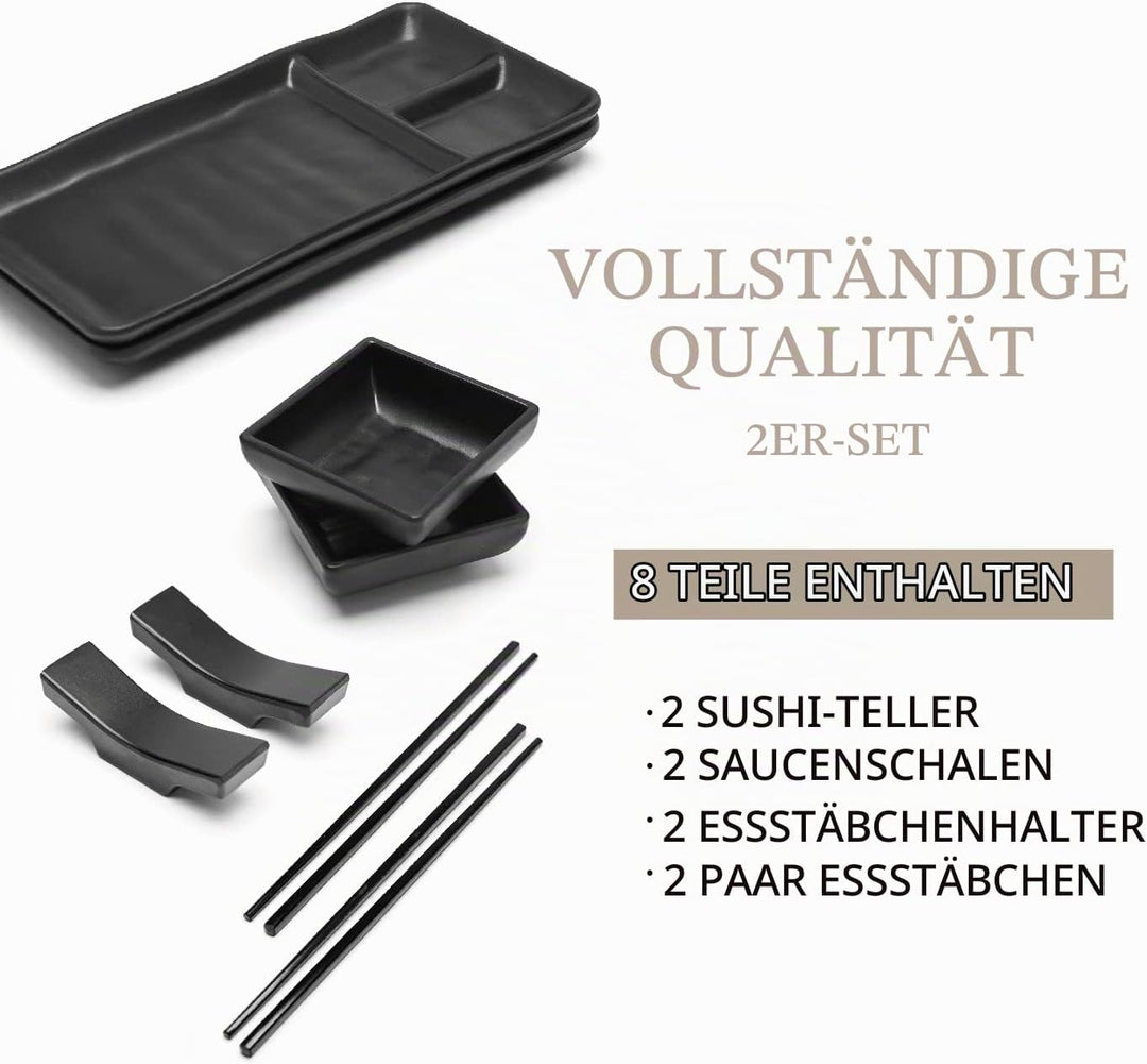 Goliber Japanisches Melamine Sushi Geschirr Set (8pcs) - Enthält 2 Schwarzes Geschirr, 2 Sossenschäl