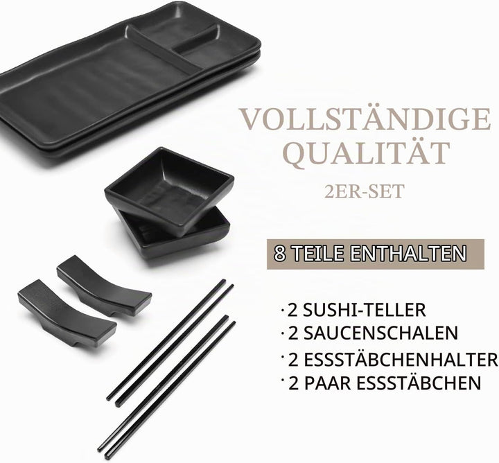 Goliber Japanisches Melamine Sushi Geschirr Set (8pcs) - Enthält 2 Schwarzes Geschirr, 2 Sossenschäl