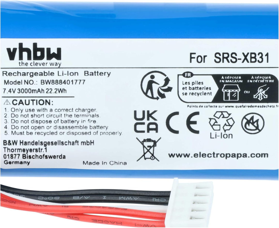 vhbw Akku kompatibel mit Sony SRS-XB33, SRS-XB31 Lautsprecher Boxen Speaker (3000 mAh, 7,4 V, Li-Ion