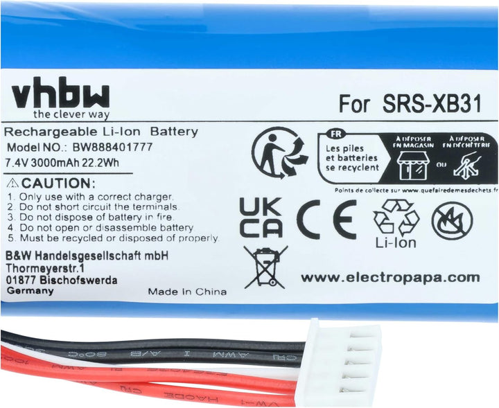 vhbw Akku kompatibel mit Sony SRS-XB33, SRS-XB31 Lautsprecher Boxen Speaker (3000 mAh, 7,4 V, Li-Ion