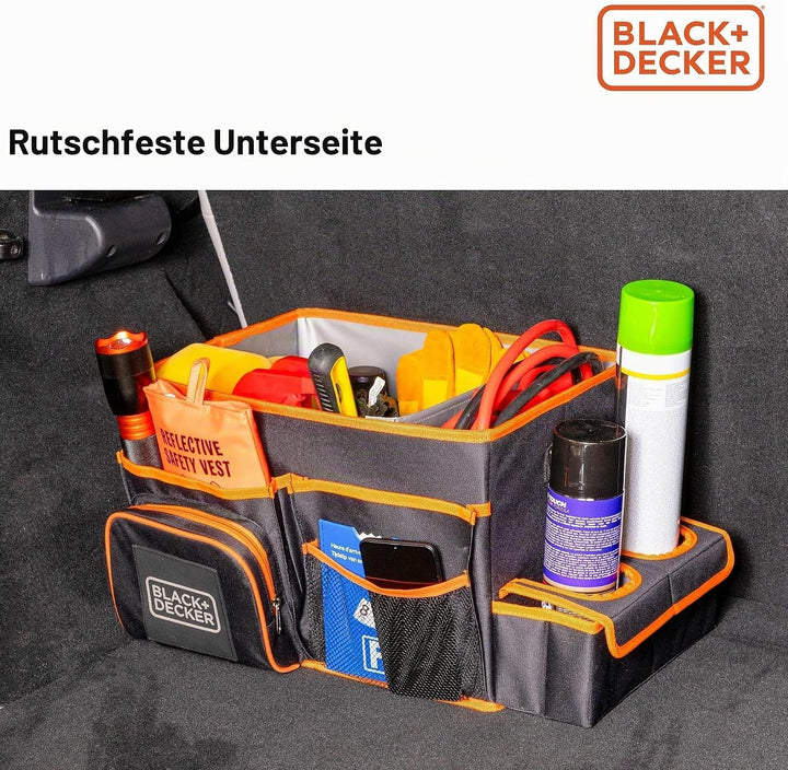 BLACK+DECKER Kofferraum-Organizer – 47,5 x 25 x 30 cm – mit Tragegurt – Getränkehalter – Grau/Orange