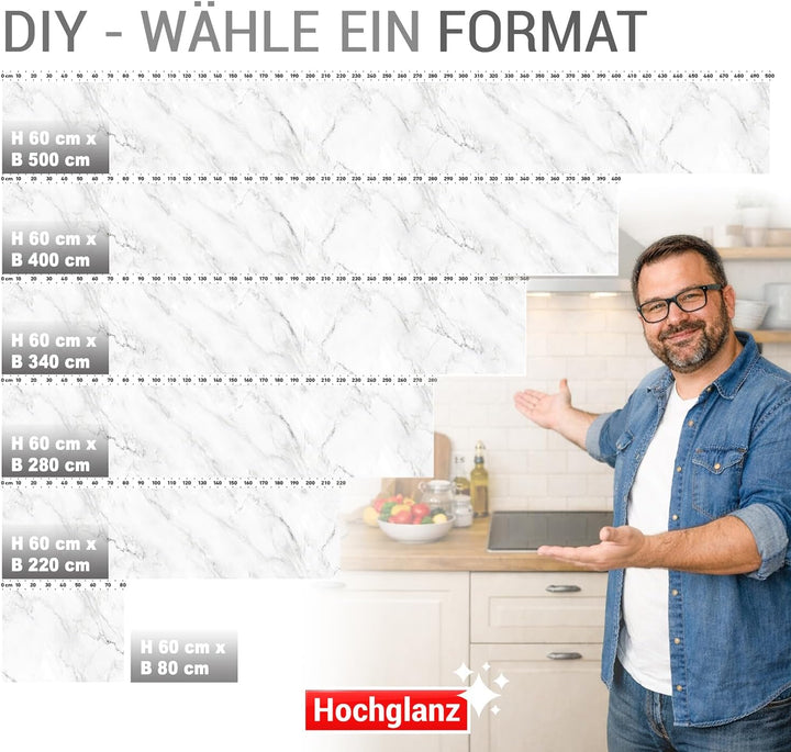 StickerProfis Küchenrückwand selbstklebend Glasoptik - WEISSER MARMOR - 1.8mm, Versteift, alle Unter