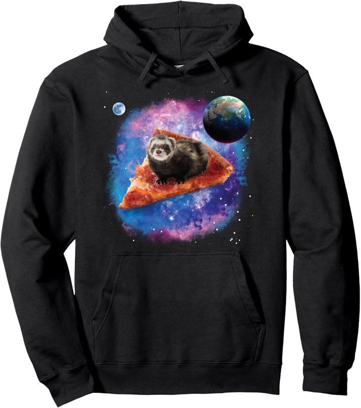 Funny Ferret on a Pizza in Space Ferret Pullover Hoodie