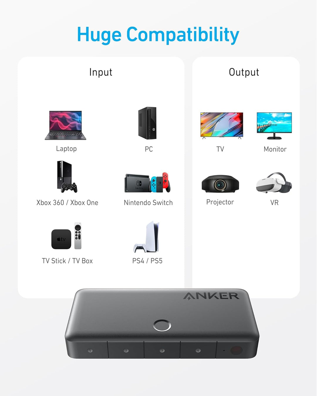 Anker HDMI Switch, 4K@60Hz Umschalter, 4 in 1 Gerät mit glatter Oberfläche, unterstützt HDR, 3D, Dol
