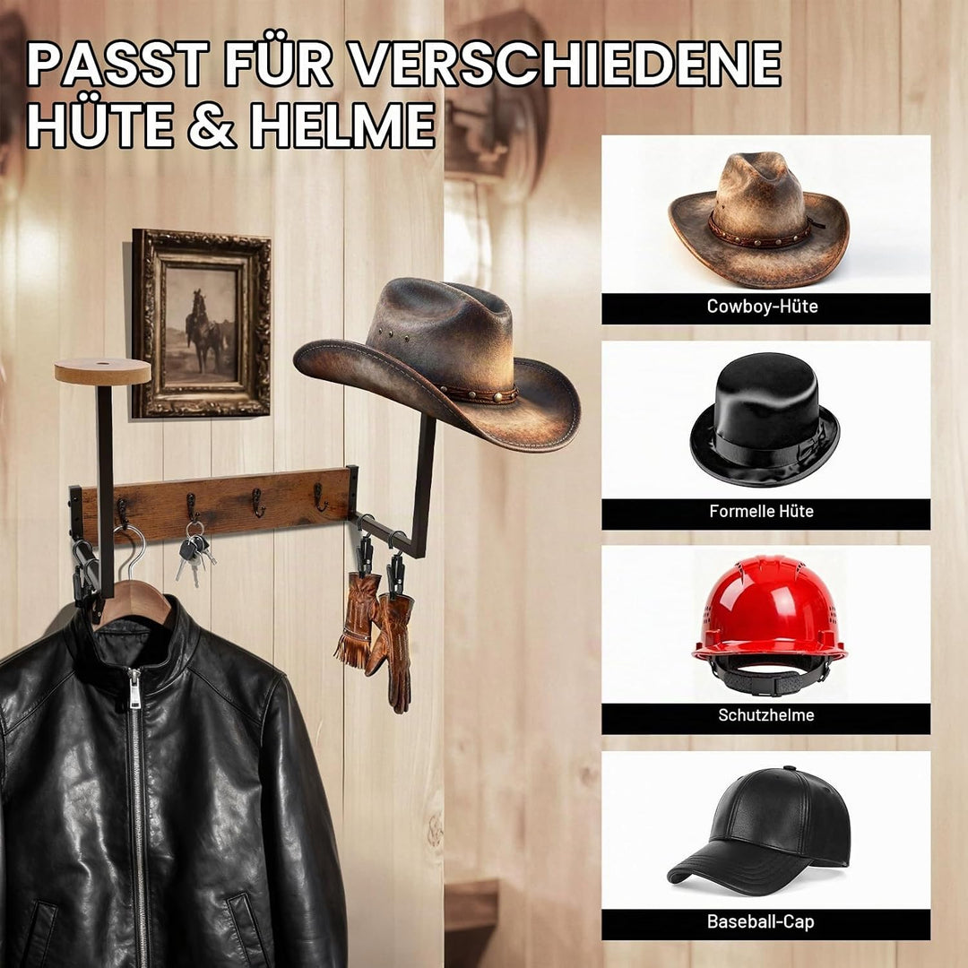 Helmhalterung Wand, Holz Hutständer Wand für Cowboyhut, Motorrad Garderobe Hutaufhänger mit 4 Metall