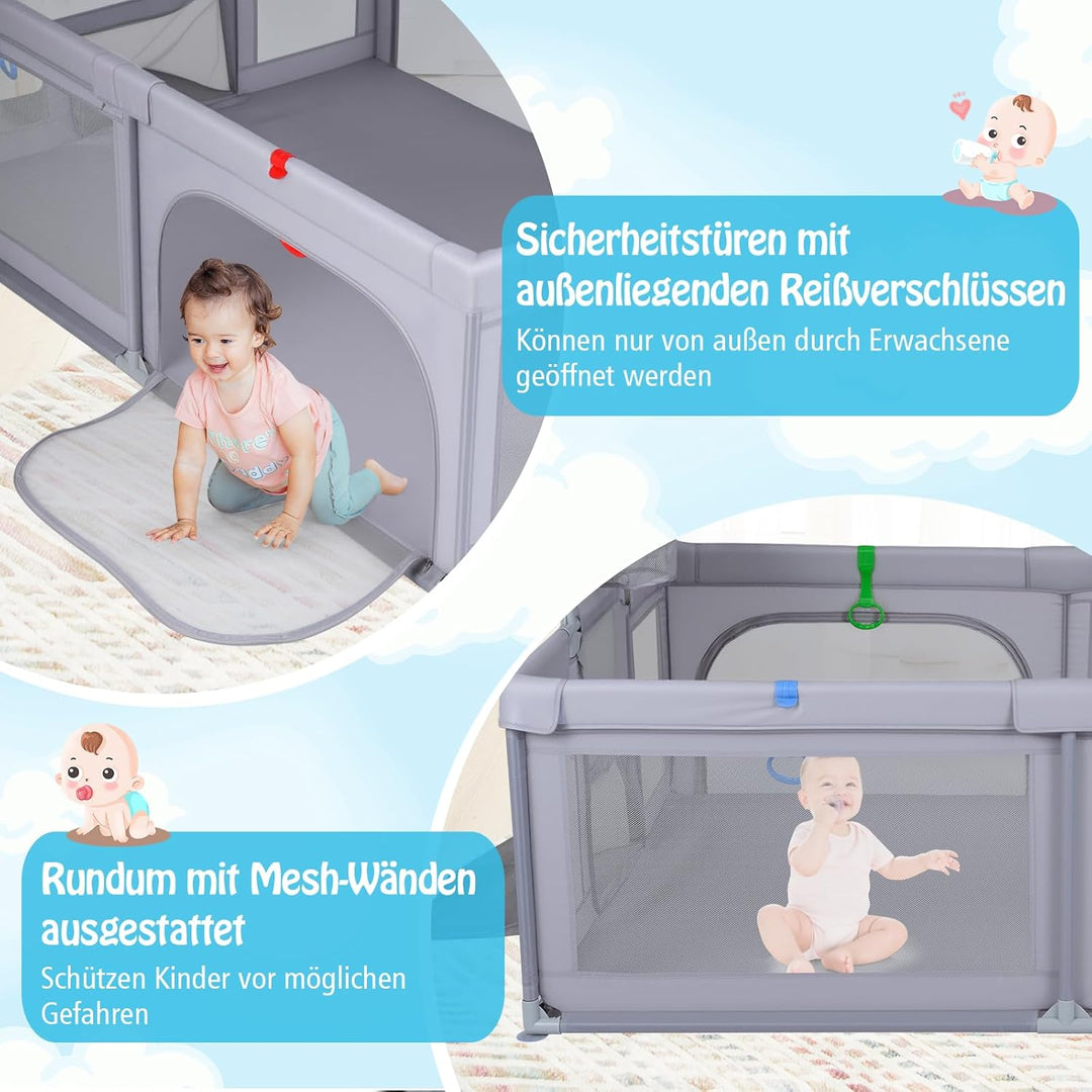 DREAMADE Laufstall baby, Laufgitter mit Matratze & Basketballkorb & Zugring, Schutzgitter mit Rutsch