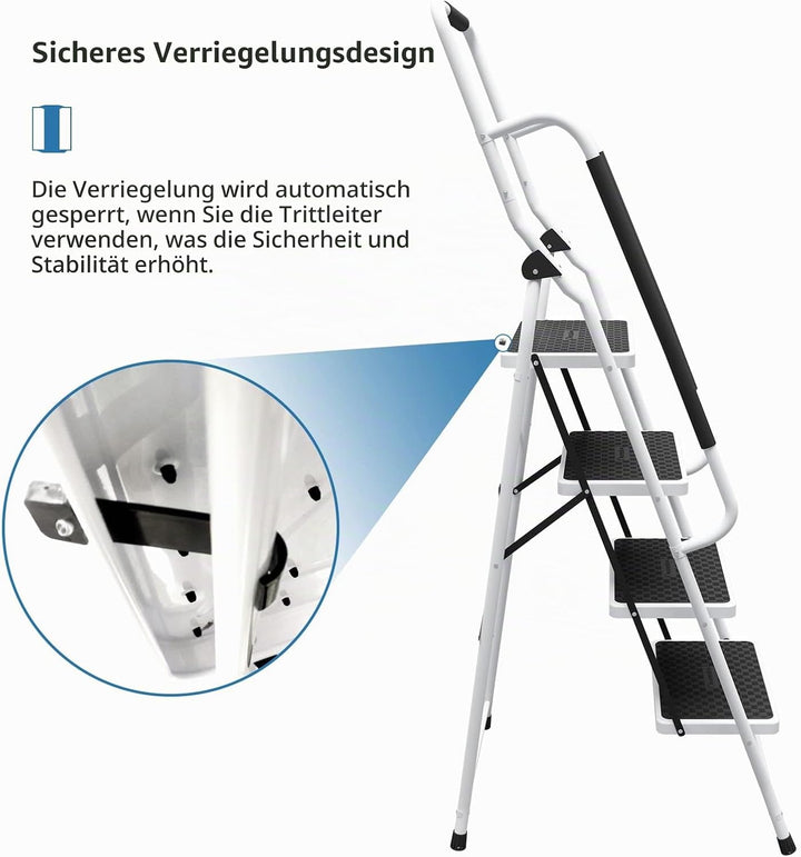DAWNYIELD 4 Stufen Klappleiter aus Stahl mit Antirutschmatte Sicherer Handlauftritt Schwerlast Tritt