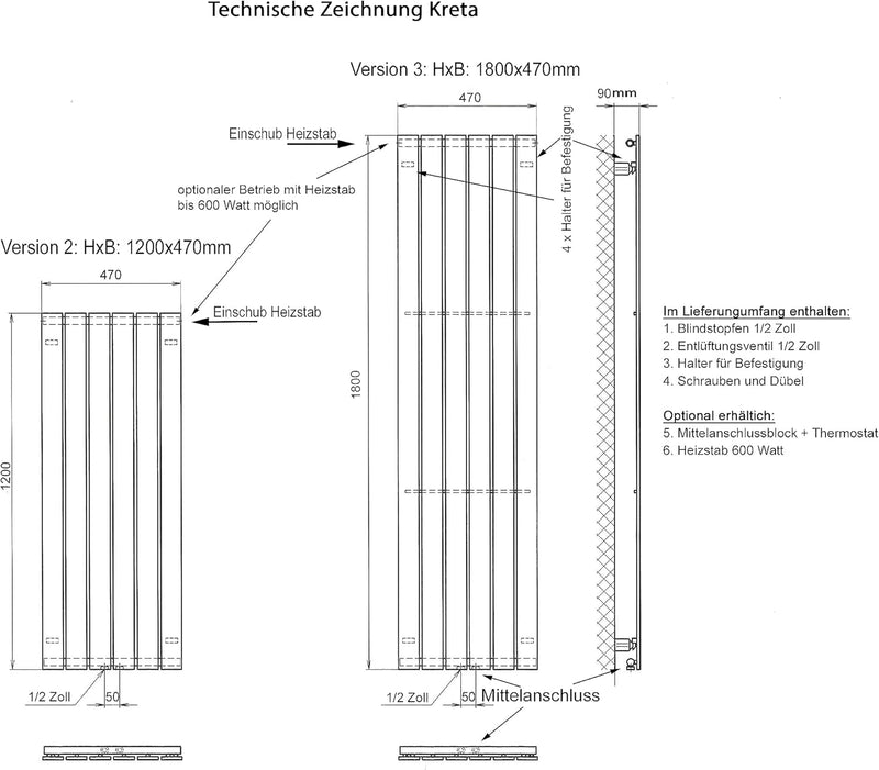 Badheizkörper Design Kreta 2, HxB: 120 x 47 cm, 799 Watt, moonstone-grau/weiss (Marke: Szagato) Hand