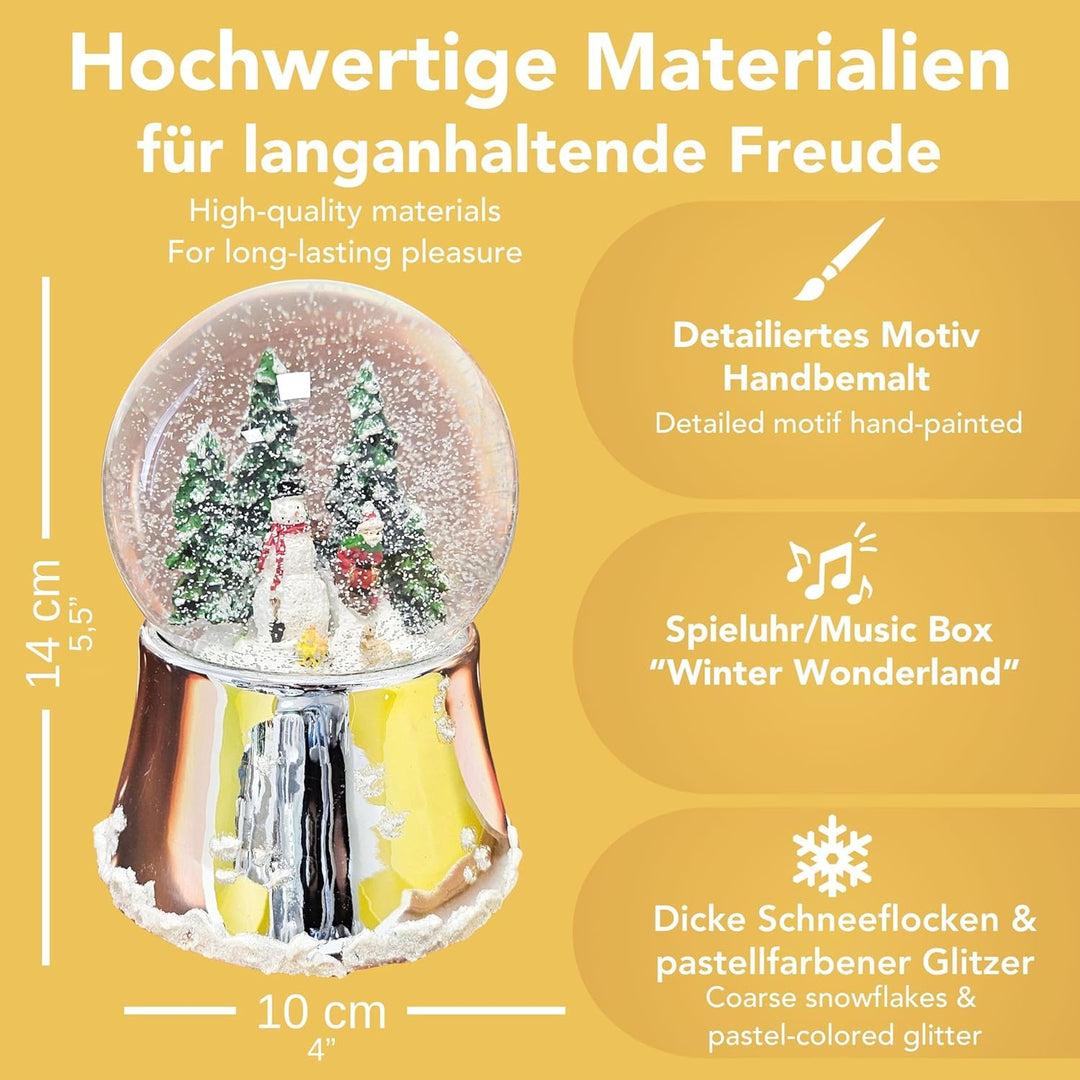 Schneekugel Weihnachten Spieluhr | Schneemann Steht mit Kind auf Schlitten | Sockel Silber glänzend