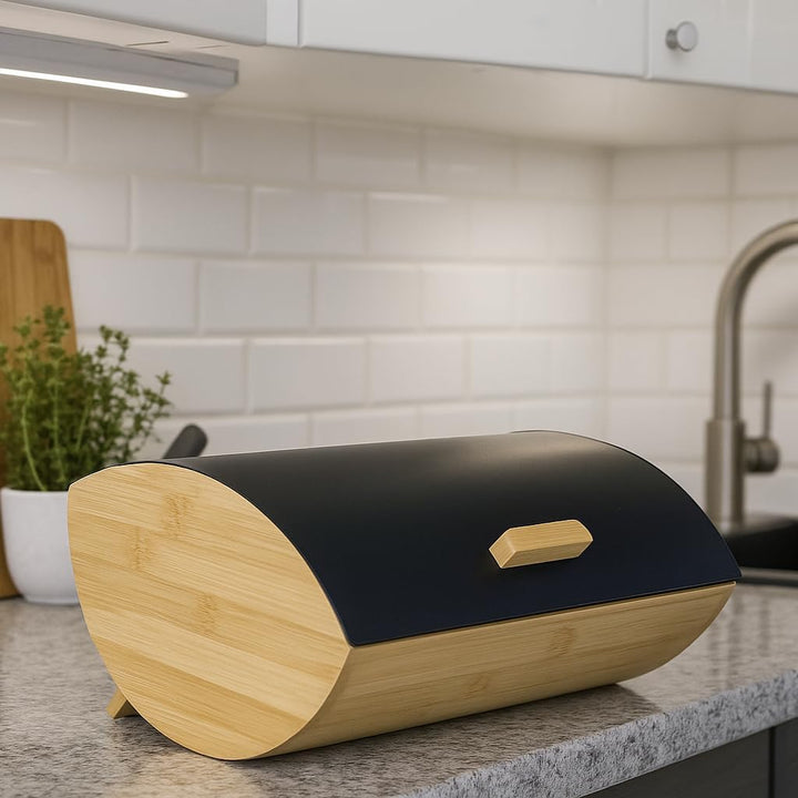 Brotkasten 35 cm, Bambus-Brotbox mit schwarzem Metalldeckel und Griff, kompakter Brotbehälter für Br
