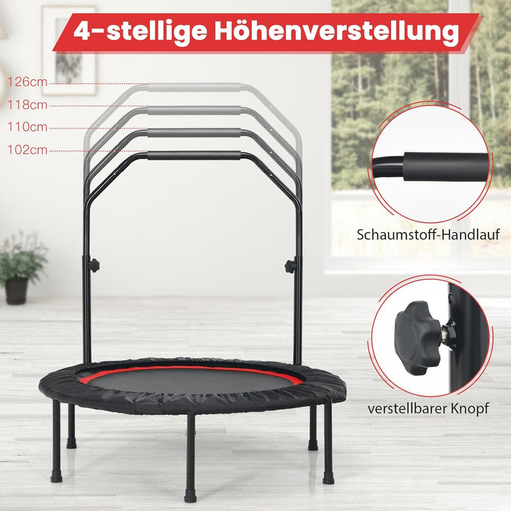 GOPLUS Fitnesstrampolin Indoor, φ101cm Mini Trampolin mit verstellbarem Griff, Bodentrampolin klappb