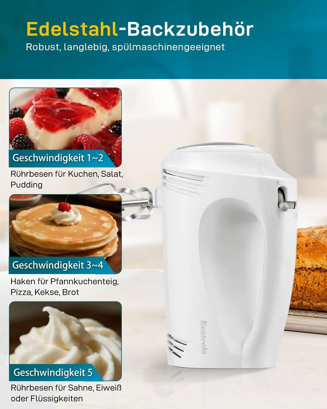 Kestreln Handmixer 350 Watt, 5 Geschwindigkeiten, Edelstahl Schneebesen & Knethaken, ergonomischer G