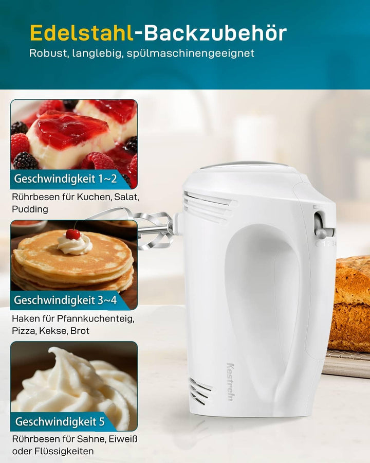 Kestreln Handmixer 350 Watt, 5 Geschwindigkeiten, Edelstahl Schneebesen & Knethaken, ergonomischer G
