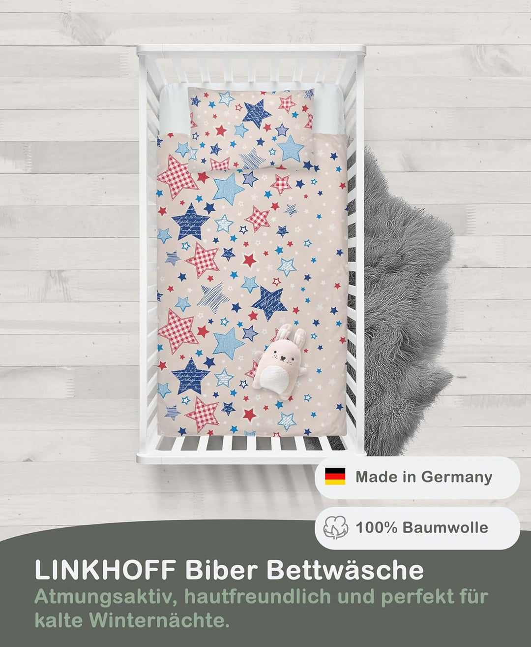 LINKHOFF Sterne Babybettwäsche 100 x 135 | Flanell Kinderbettwäsche 135x100 Beige Blau | Fein-Biber
