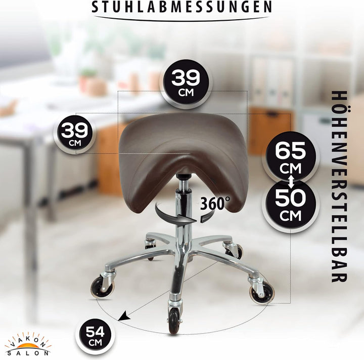 VAKON SALON - Premium Sattelhocker Braun, Sattelstuhl für Rückenentlastung, Rollhocker höhenverstell