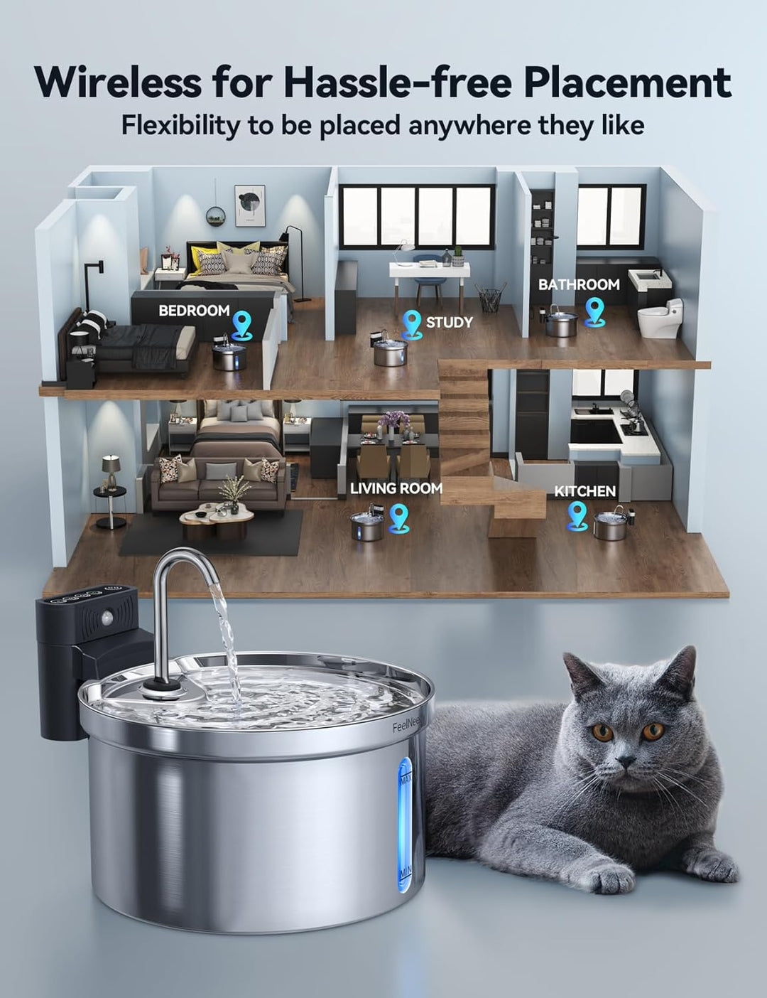 FEELNEEDY 3,5L Katzenbrunnen Edelstahl Kabellos mit Sensor, Trinkbrunnen für Katze mit Akku 4000mAh