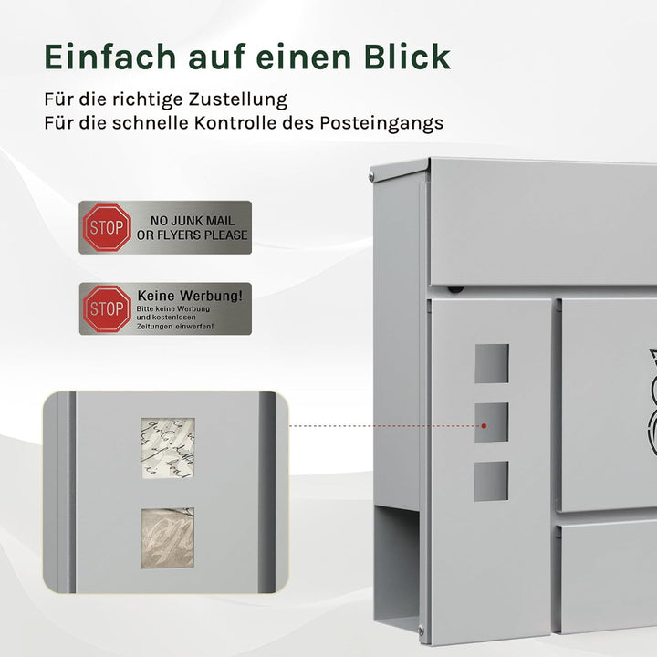 WOLTU XXL Briefkasten, Postkasten mit Zeitungsfach, Aufkleber gegen unerwünschte Werbung, Sichtfenst