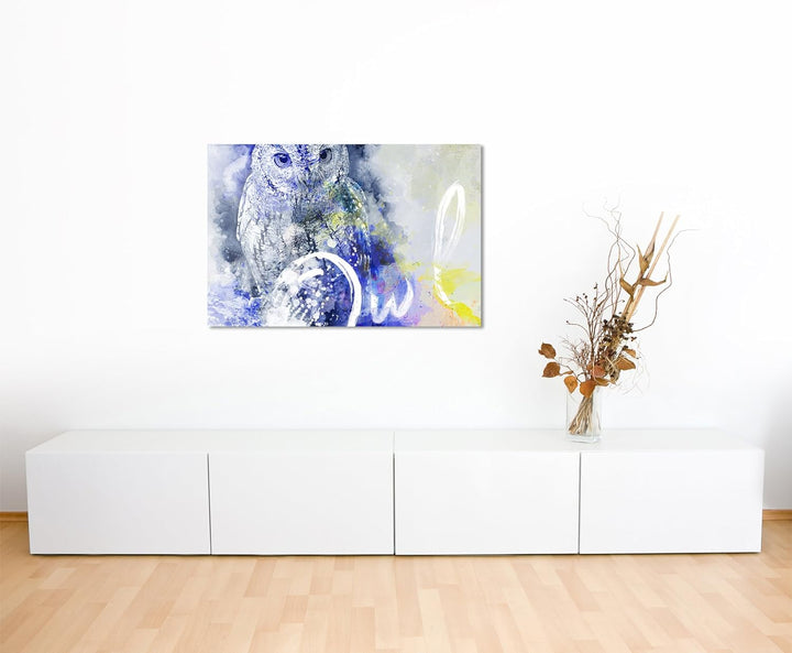 Paul Sinus Art Bild Leinwand 120x80cm Geheimnisvolle Eule in Grautönen mit Kalligraphie, 120x80cm