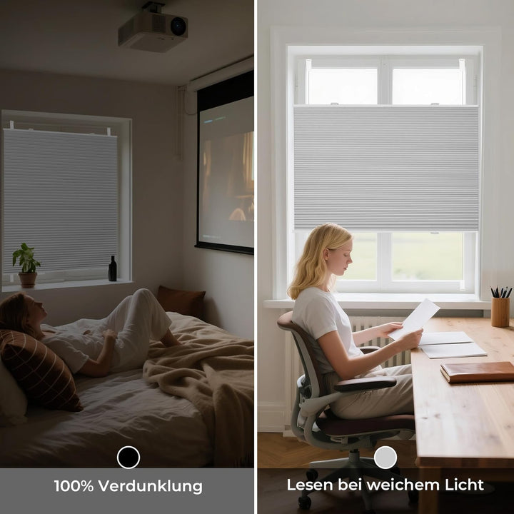 Allesin Wabenplissee ohne Bohren - Verdunklungsplissee 100% Blackout,Hellgrau-weiss 40x110 cm Thermo