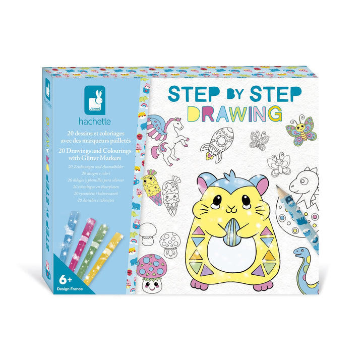 Janod - Step by Step Drawing - Zeichnen Lernen - 20 Modelle + Glitzerstifte - Lernspiel - Zeichnen u