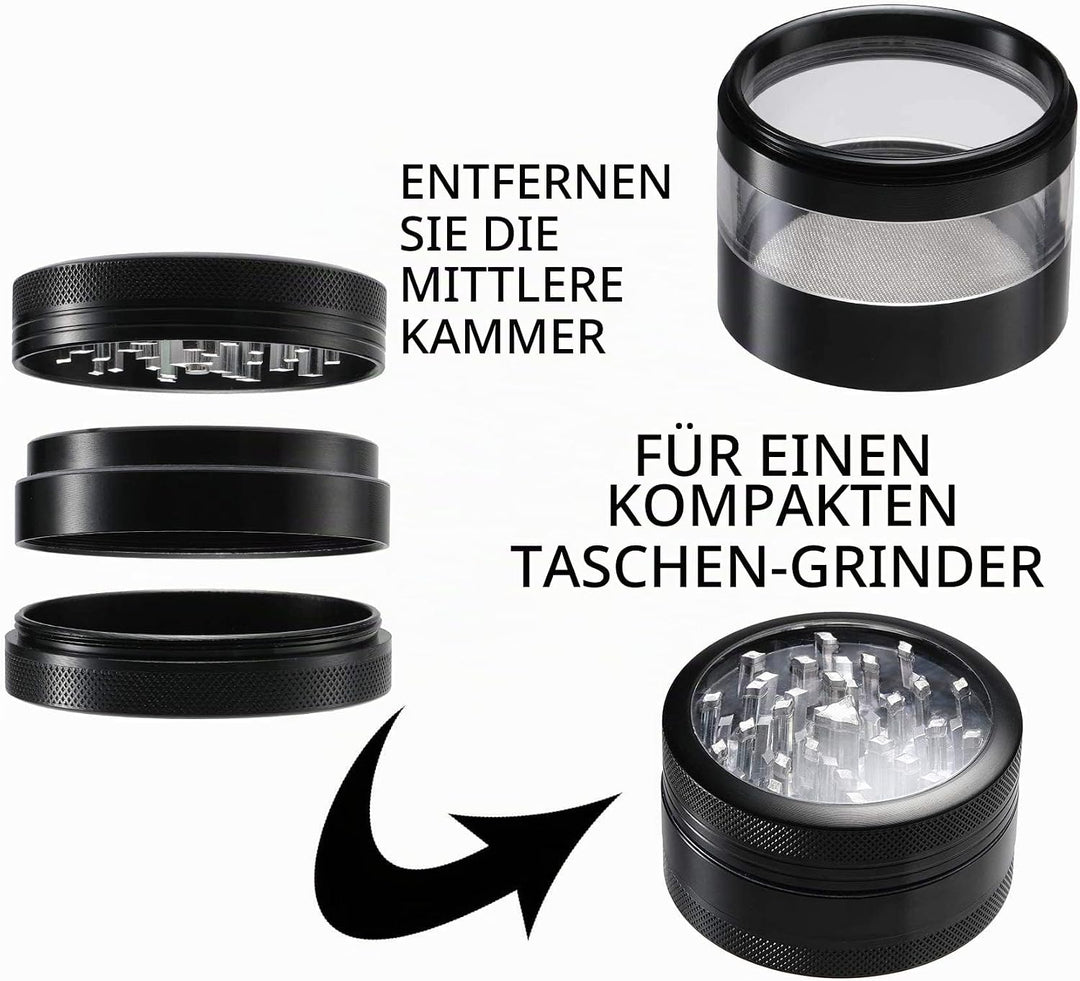 Dcou Aluminium Gewürze rmühle mit Pollensammler, Mehrfachkammern und magnetischen Deckel 4-teilig 2,