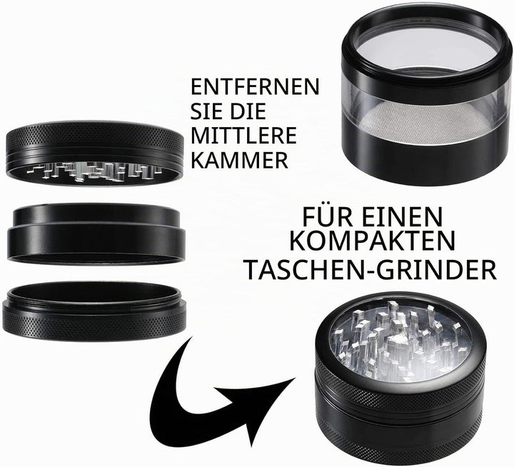 Dcou Aluminium Gewürze rmühle mit Pollensammler, Mehrfachkammern und magnetischen Deckel 4-teilig 2,