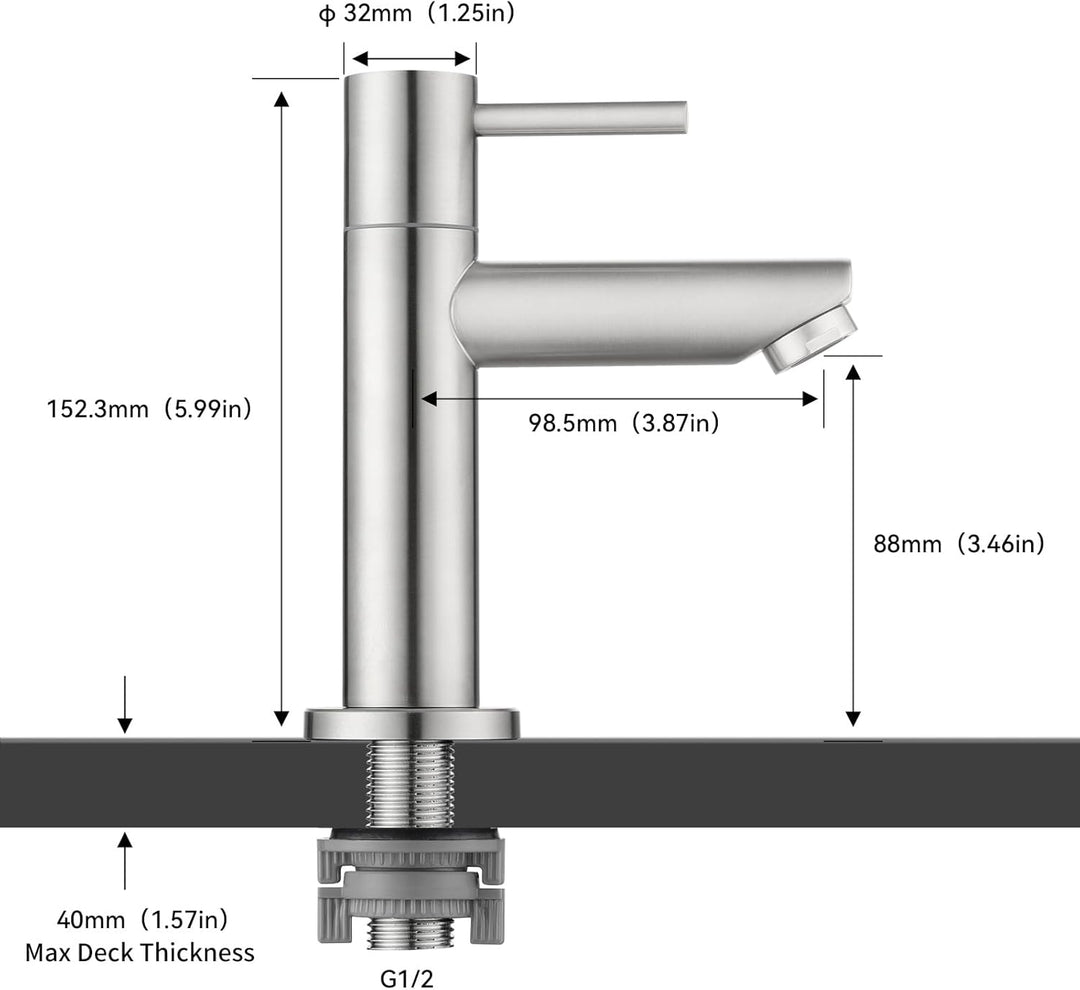 CECIPA Chrom Kaltwasserarmatur mit Anschlussschlauch, Waschbeckenarmatur mit Auslauf Höhe 93.4 mm fü