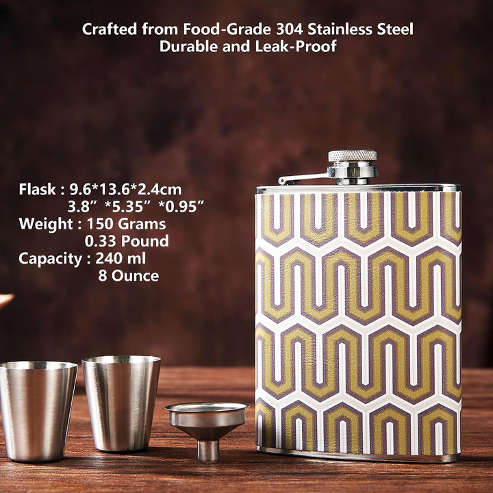 Luxuriöses 237 ml Edelstahl-Flachmann-Geschenkset mit 2 Schnapsgläsern und Trichter, lederbedruckter