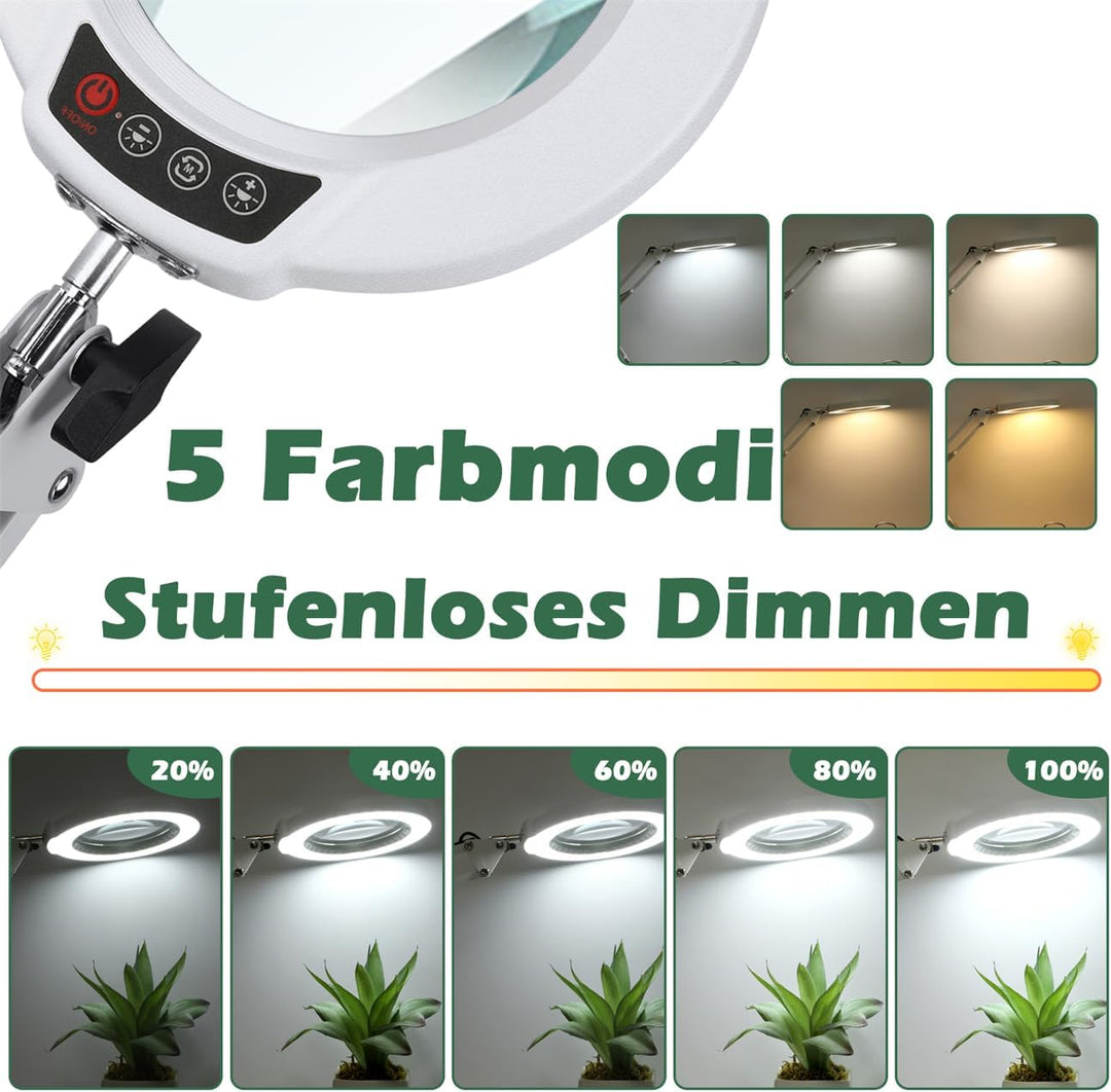 10X Lupe mit Licht und Ständer, Echter Glaslinse 2-in-1 Lupenlampe und Klemme, LED Beleuchtete Lupe