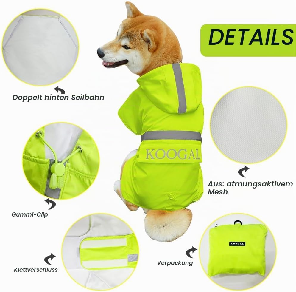KOOGAL Grosse Hunde Regenjacken Mit Kapuze,Hunde Regenmantel,Mit Reflektierenden Sicherheitsstreifen