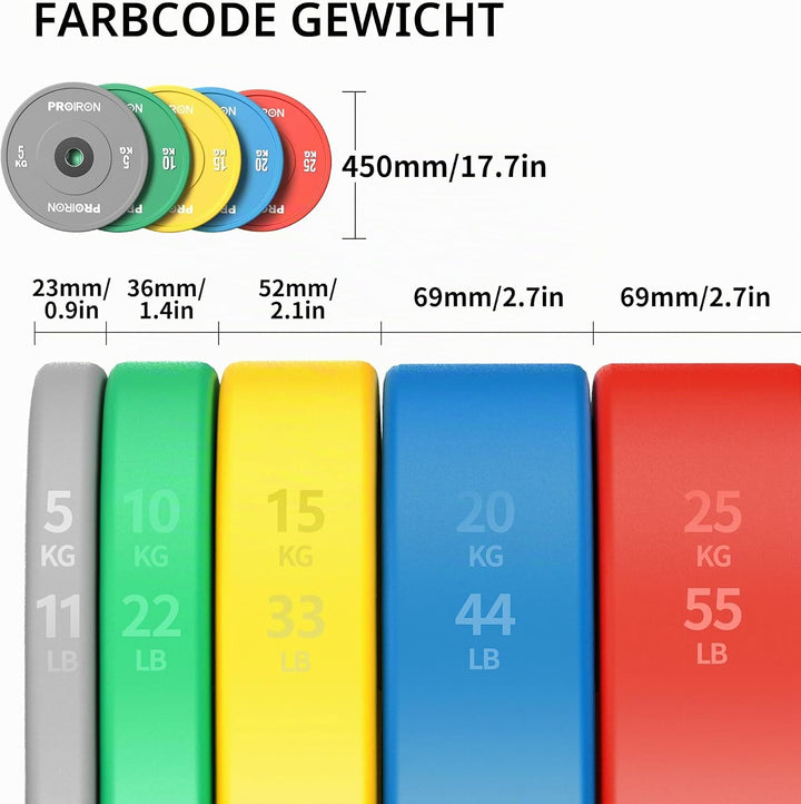 PROIRON Hantelscheiben, Olympic Bumper Plates 50mm, 5-25kg, Hartgummi, Hanteln Gewichtsscheiben nach