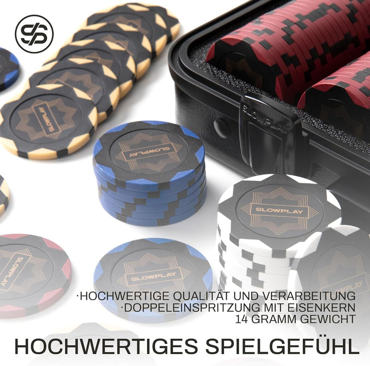 SLOWPLAY Nash Pokerset, 500 Poker Chips ohne Werte | Profi pokerchips aus Ton 14g | inkl. grosser po