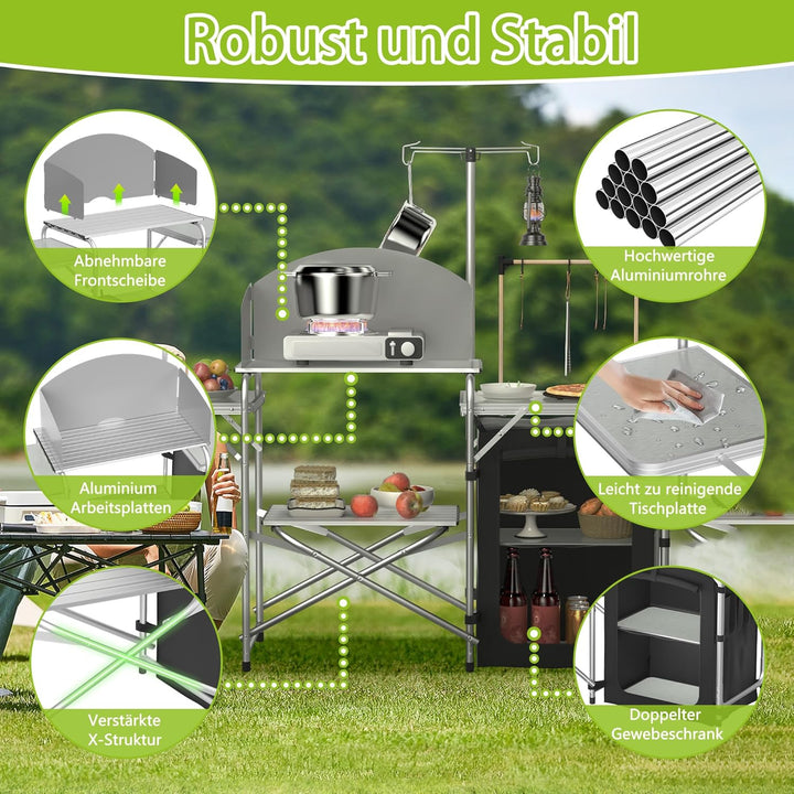 ACXIN Campingküche Faltbarer Campingschrank, Küchenbox Reiseküche, mit Alurahmen, Staufächer, Tischp