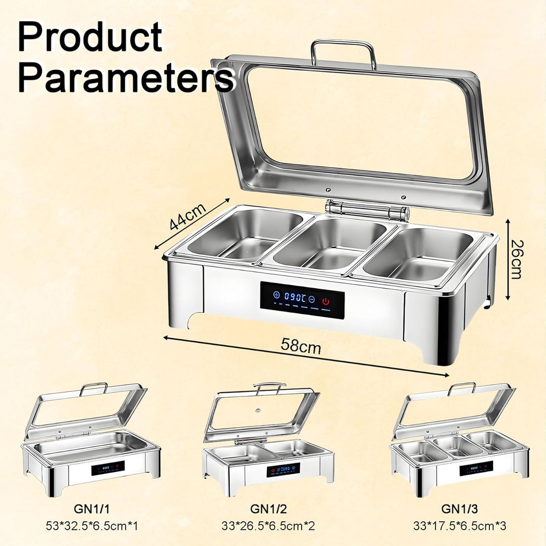 Chafing Dish Elektrisch, 9L Edelstahl Warmhaltebehälter Essen Buffet Elektrisch mit Sichtbarem Glasd