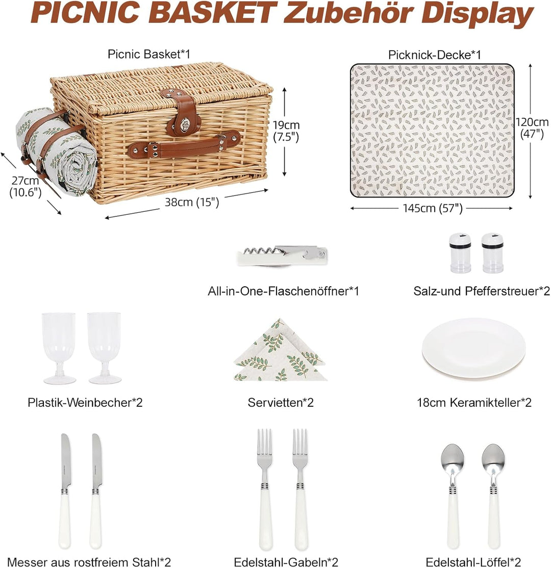 Picknickkorb für 2 Personen, Picknickkorb-Set mit Kühlfach und wasserdichte Picknickdecke, Besteck S