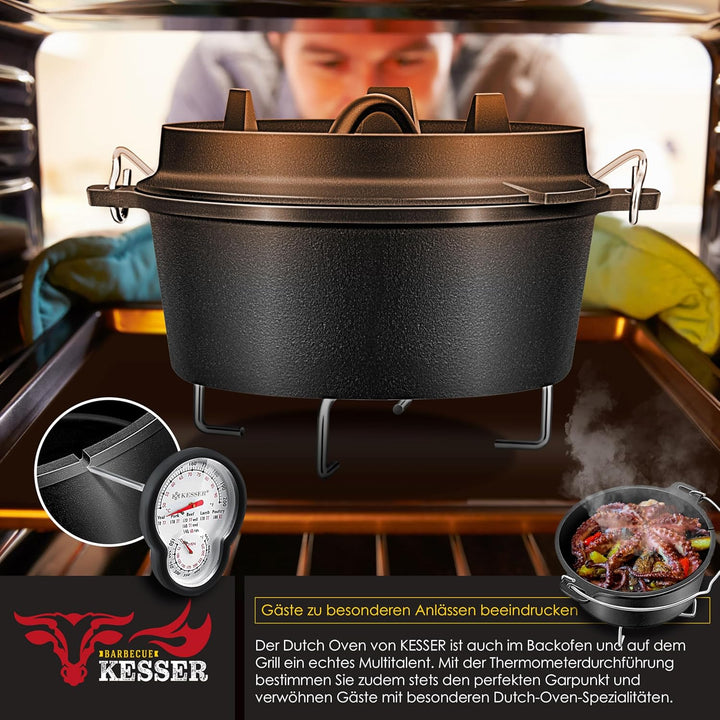 KESSER® Dutch Oven Set BBQ 7,3 Liter, Feuertopf Schmortopf mit Edelstahluntersetzer, Gusseisen Topf