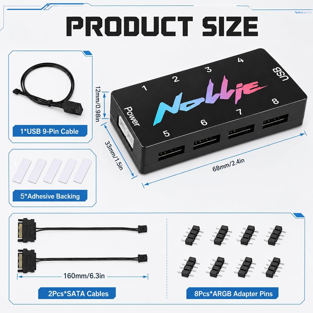 ARGB Controller, ZMCVOE 8-Port RGB Controller PC mit 2 SATA Kabel, 5V 3PIN PC-Beleuchtungs-Hub, ARGB